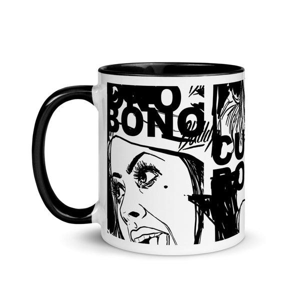 Monochrome Mug with black rim, handle and inside and Cui bono print
