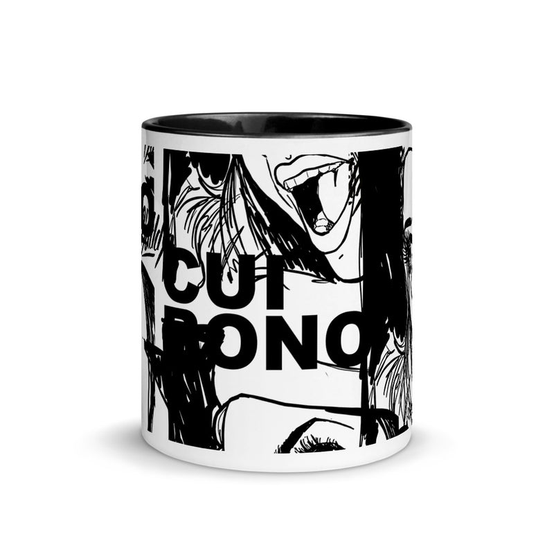 Monochrome Mug with black rim, handle and inside and Cui bono print