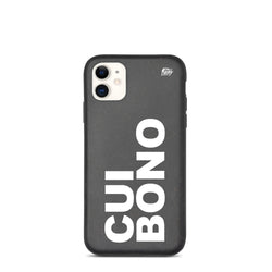 Biodegradable phone case with cui bono slogan