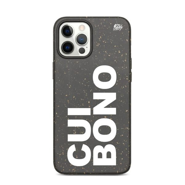 Biodegradable phone case with cui bono slogan